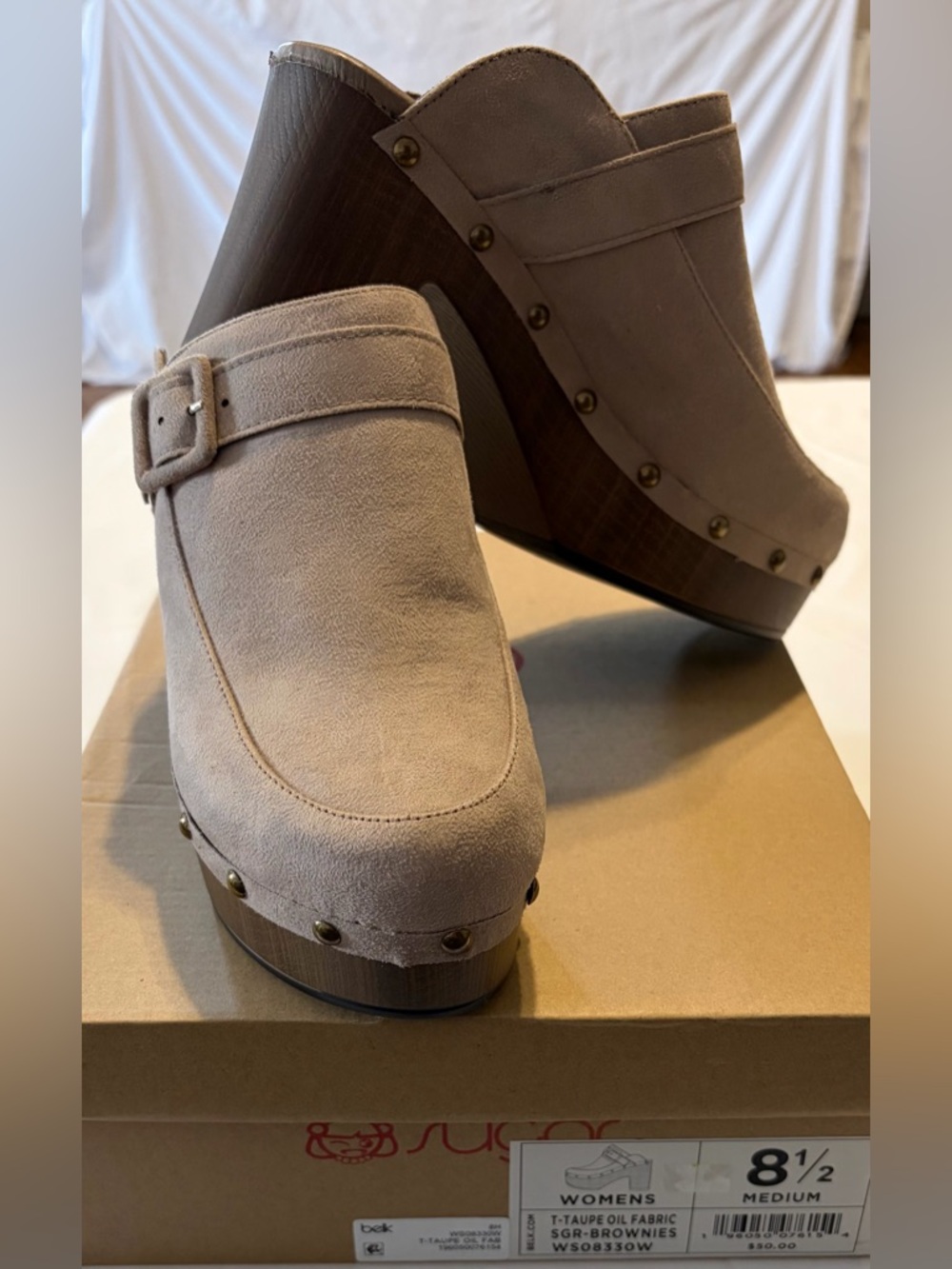 Taupe Suede Clog Mule with Wood Platform Sz 8.5